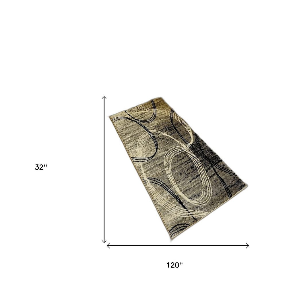 10' Gray And Ivory Abstract Shag Runner Rug