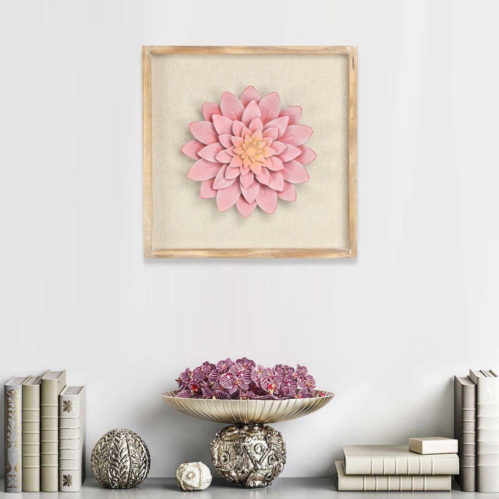 12" X 13" Pink and Off White Flower Wood and Metal Wall Decor