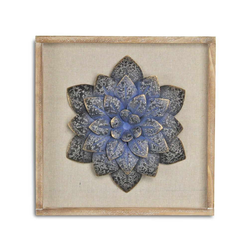 12" X 13" Dark Blue Flower Wood and Metal Wall Decor