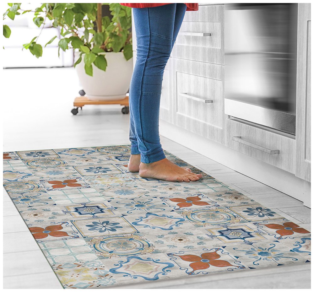 2' X 5' Gray Blue And Rust Mosaic Tile Printed Vinyl Area Rug With UV Protection