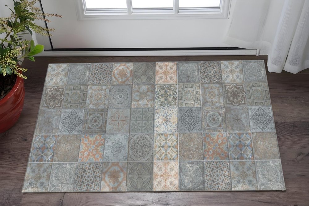 2' X 4' Brown And Gray Mosaic Tile Printed Vinyl Area Rug with UV Protection