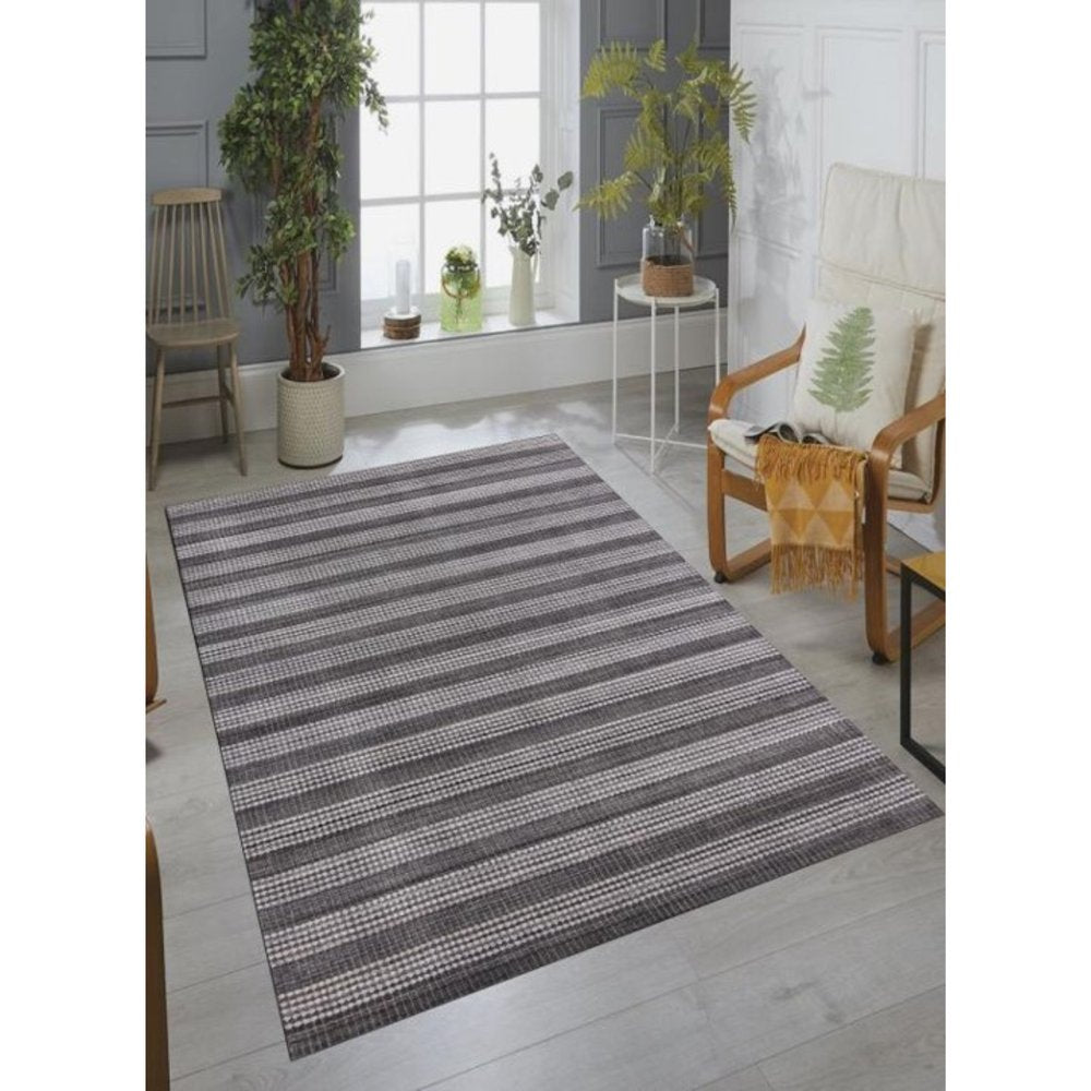 5' X 8' Dark Grey And White Striped Hand Loomed Area Rug