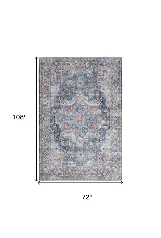 6' X 9' Light Blue And Orange Medallion Distressed Washable Area Rug