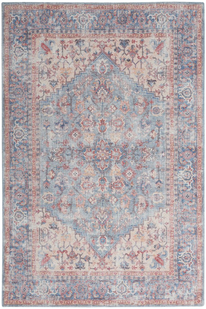 6' X 9' Blue And Orange Medallion Distressed Washable Area Rug