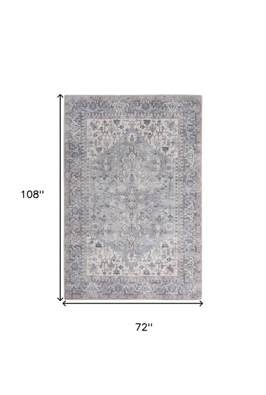 6' X 9' Grey Medallion Distressed Washable Area Rug