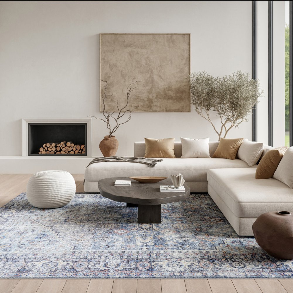 6' X 9' Light Grey And Blue Medallion Distressed Washable Area Rug