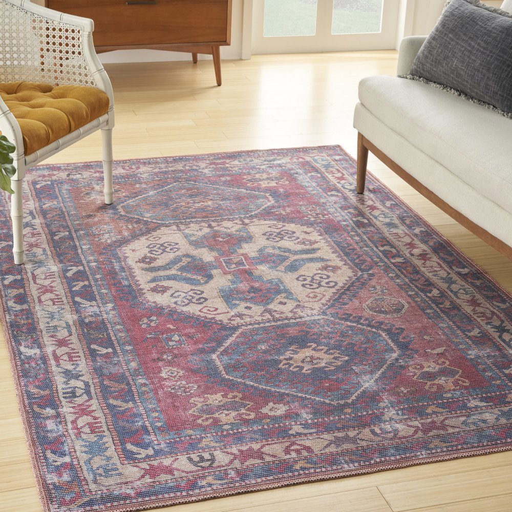 6' X 9' Red And Navy Medallion Distressed Washable Area Rug