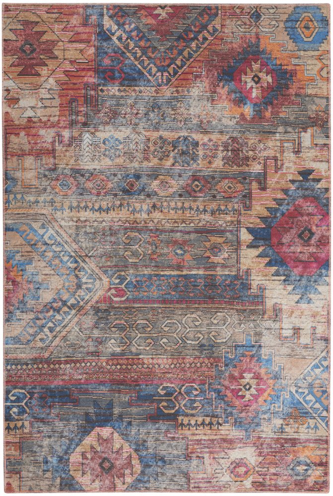 6' X 9' Blue And Pink Southwestern Distressed Washable Area Rug