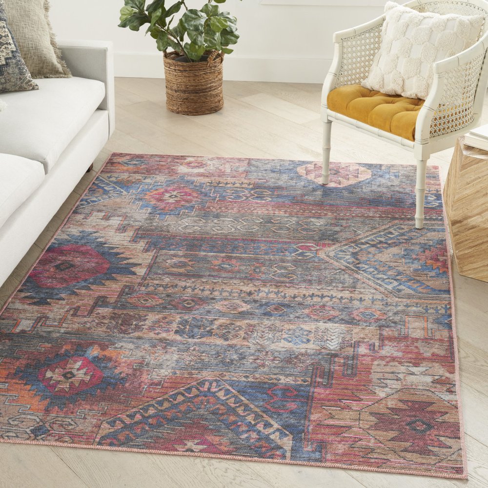 6' X 9' Blue And Pink Southwestern Distressed Washable Area Rug