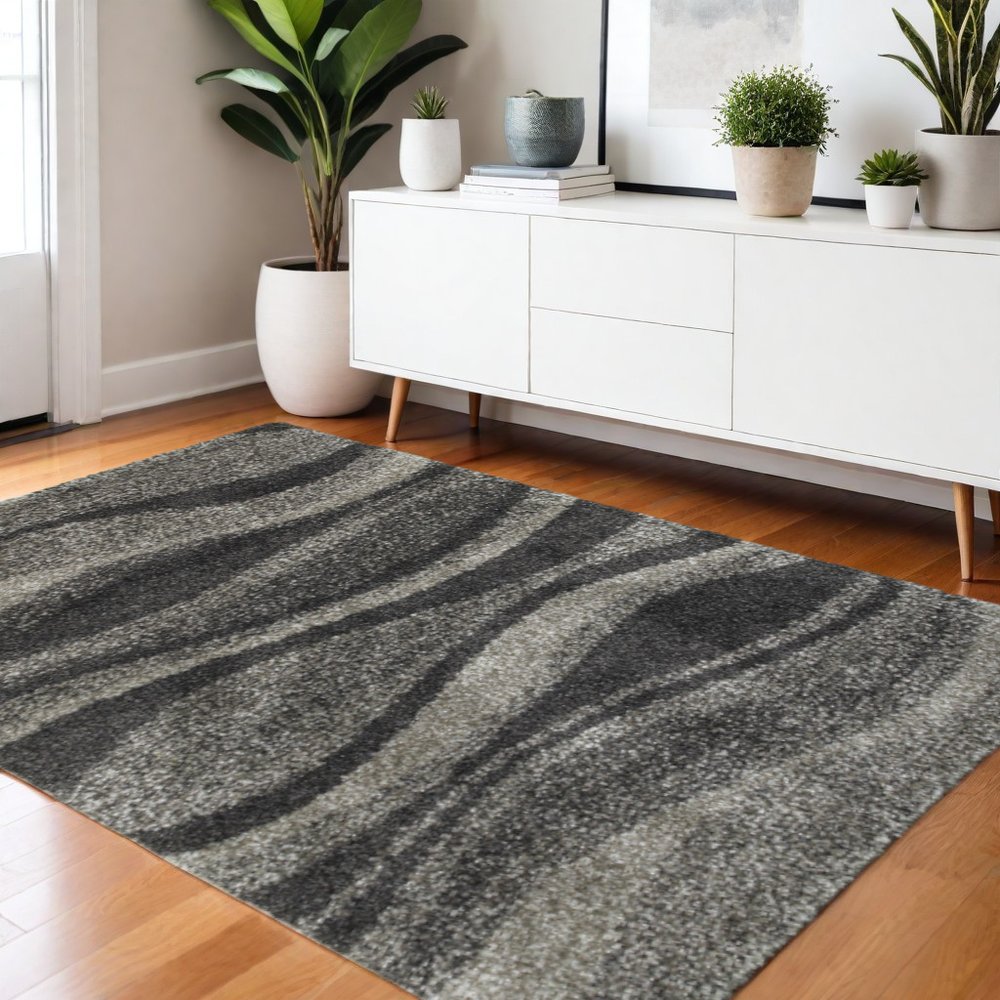 6' X 9' Charcoal Silver And Grey Abstract Shag Power Loom Stain Resistant Area Rug