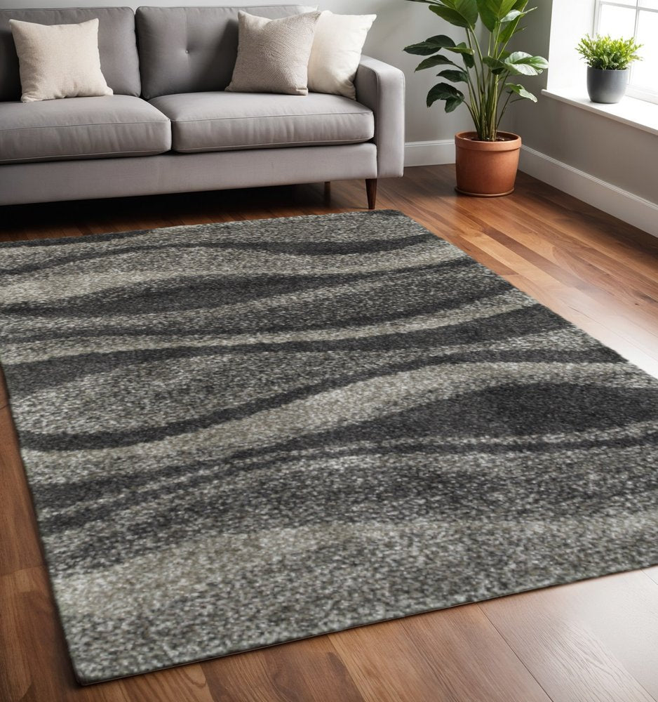 6' X 9' Charcoal Silver And Grey Abstract Shag Power Loom Stain Resistant Area Rug