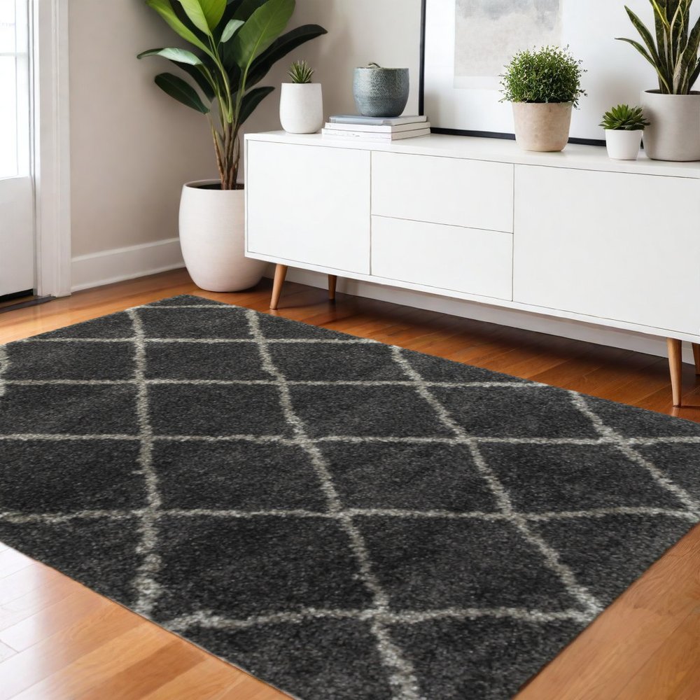 2' X 3' Charcoal And Grey Geometric Shag Power Loom Stain Resistant Area Rug