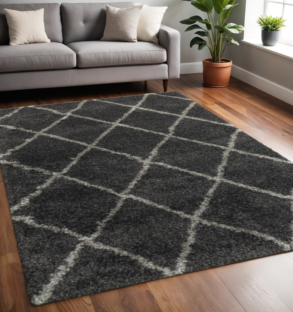 2' X 3' Charcoal And Grey Geometric Shag Power Loom Stain Resistant Area Rug