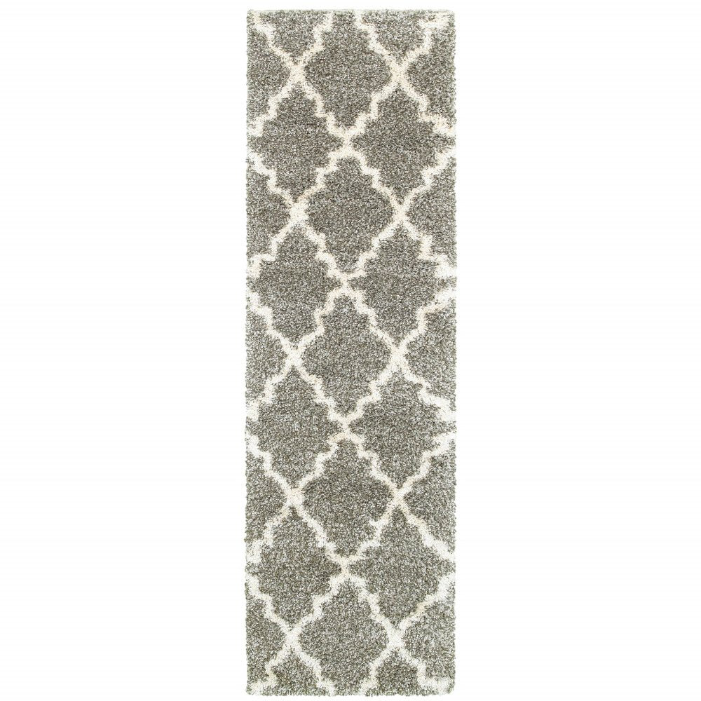4' X 6' Grey And Ivory Geometric Shag Power Loom Stain Resistant Area Rug