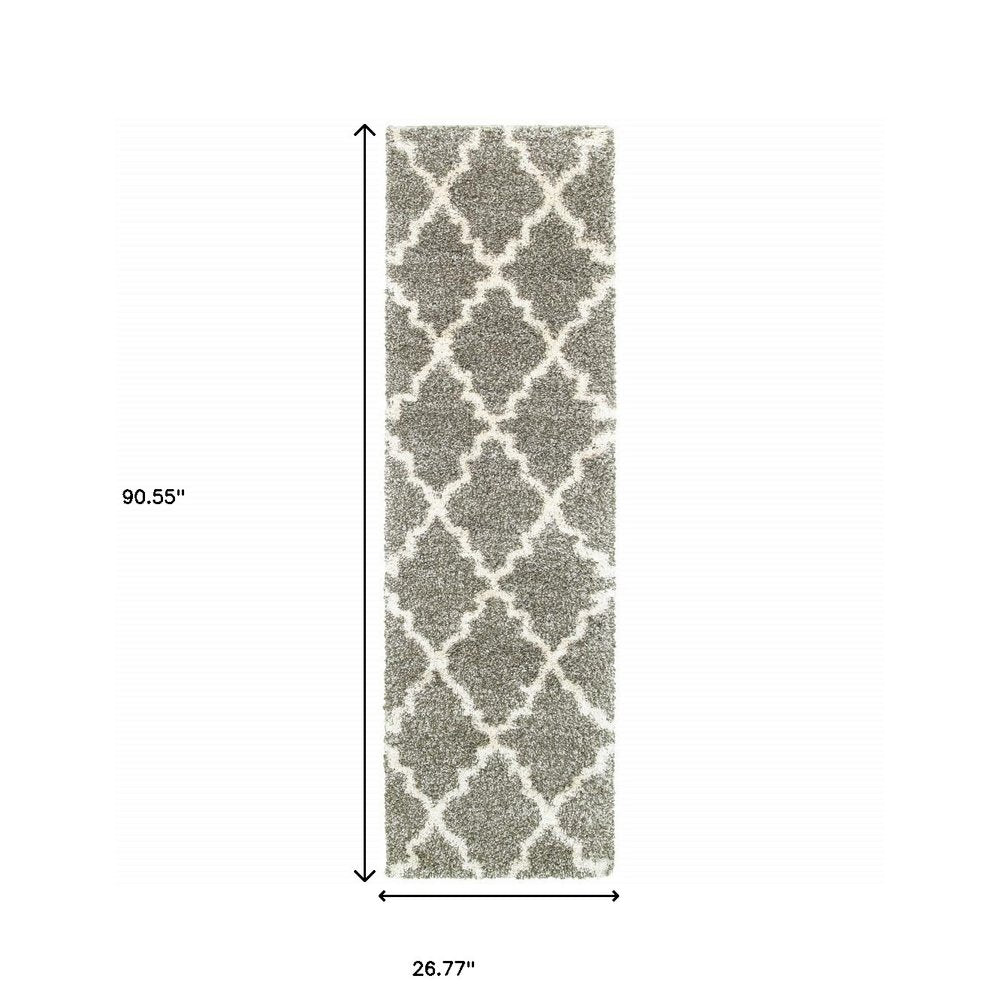 4' X 6' Grey And Ivory Geometric Shag Power Loom Stain Resistant Area Rug