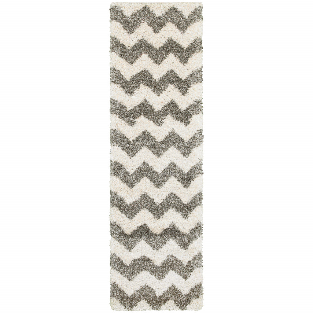 2' X 3' Grey And Ivory Geometric Shag Power Loom Stain Resistant Area Rug