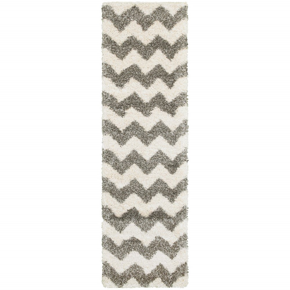 2' X 3' Grey And Ivory Geometric Shag Power Loom Stain Resistant Area Rug