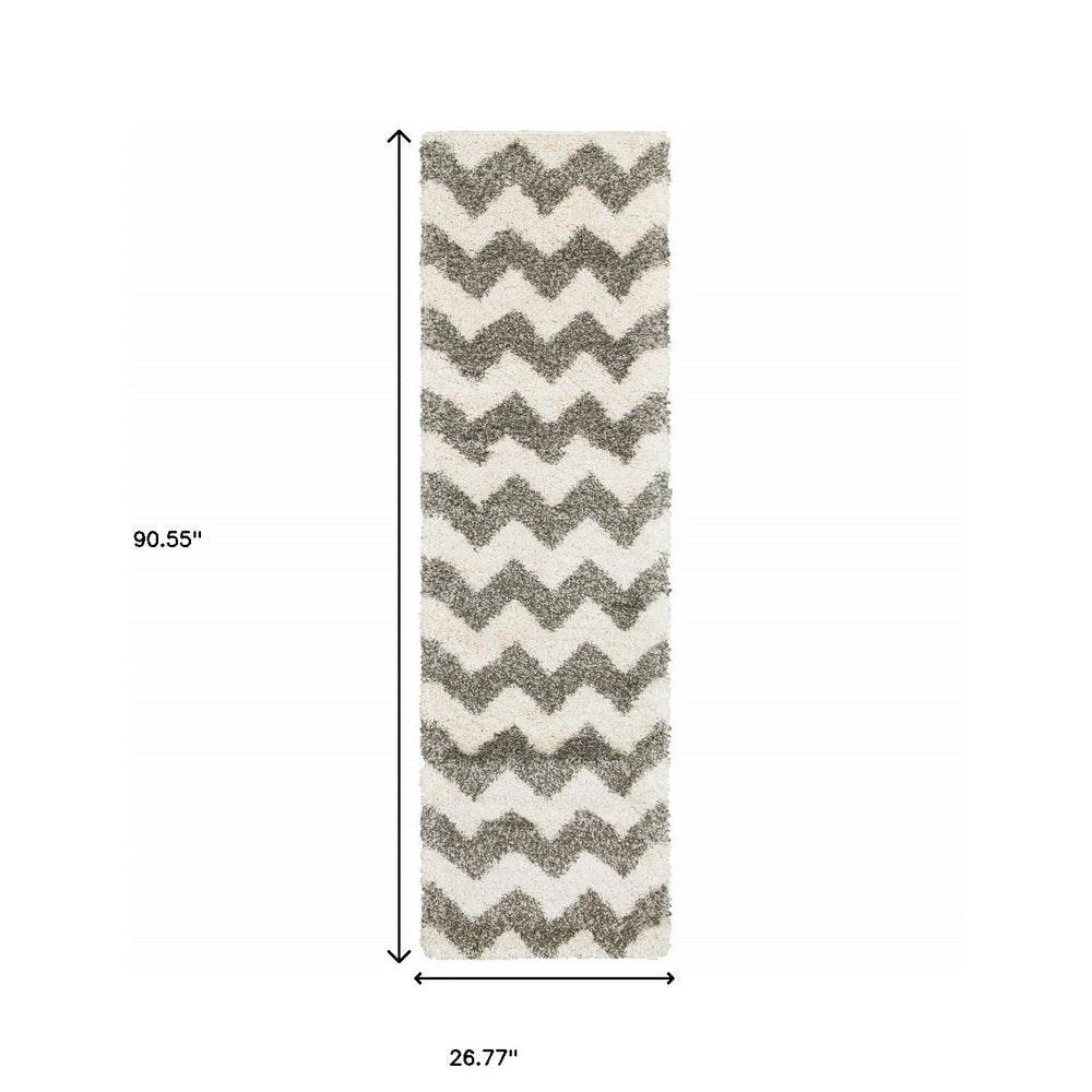 2' X 3' Grey And Ivory Geometric Shag Power Loom Stain Resistant Area Rug