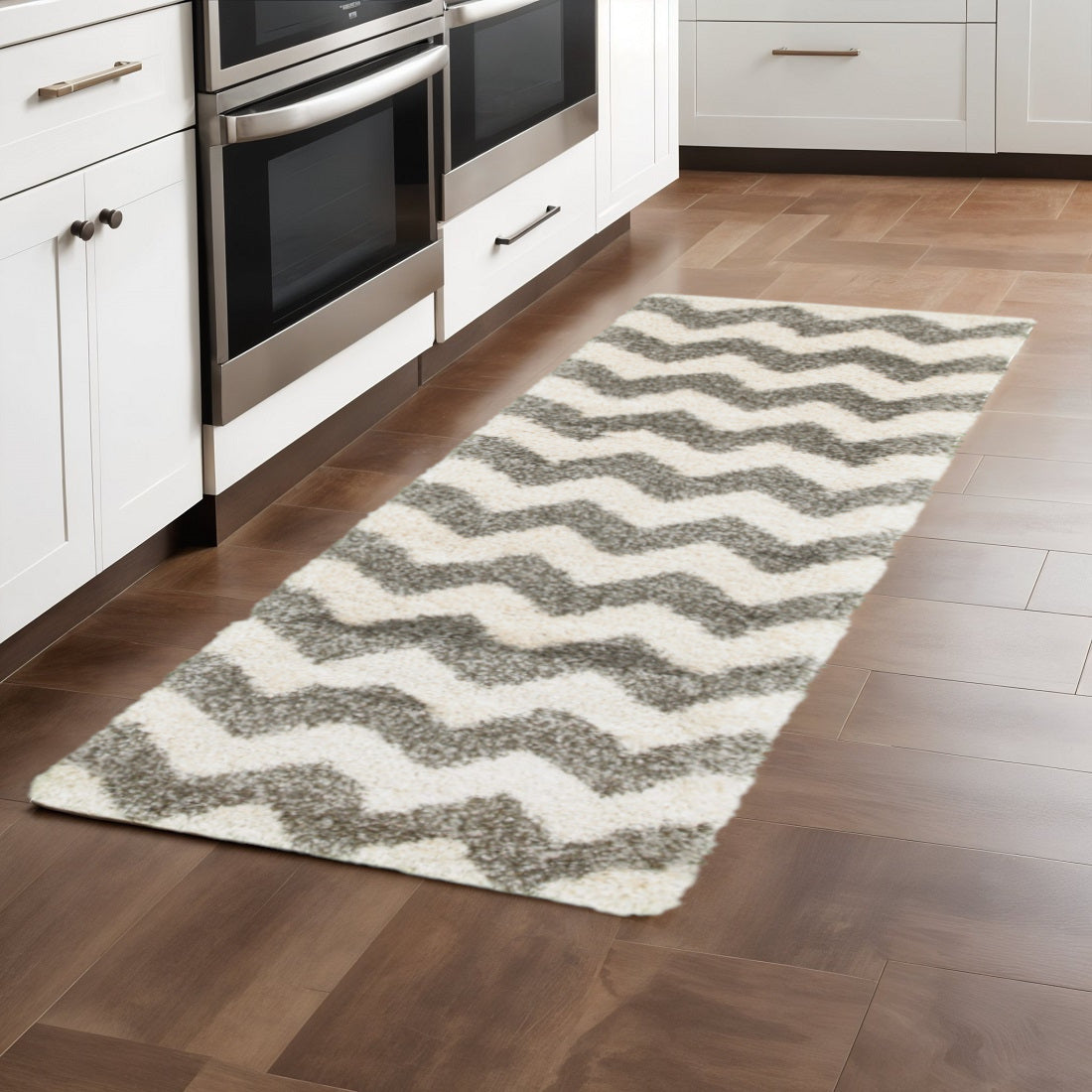 2' X 3' Grey And Ivory Geometric Shag Power Loom Stain Resistant Area Rug