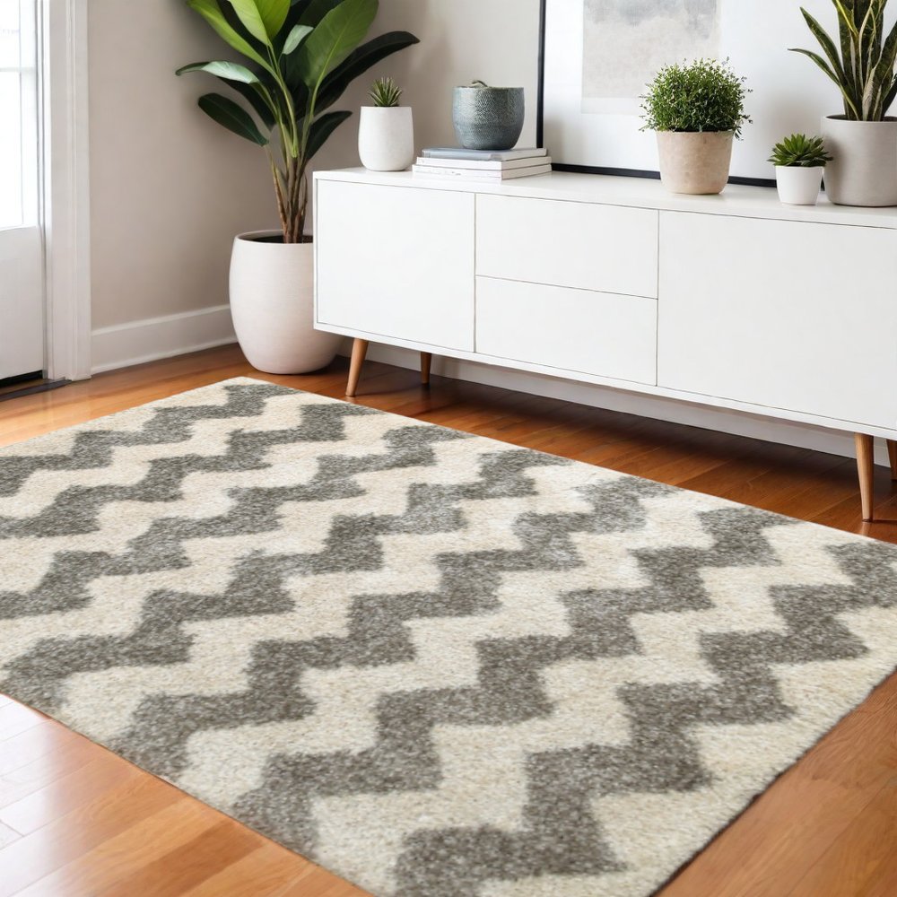 2' X 3' Grey And Ivory Geometric Shag Power Loom Stain Resistant Area Rug