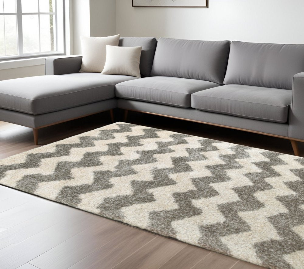 2' X 3' Grey And Ivory Geometric Shag Power Loom Stain Resistant Area Rug