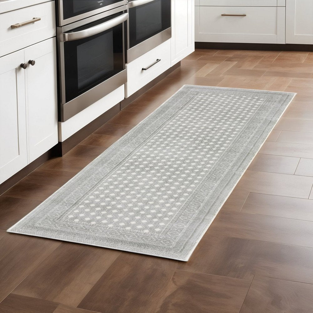 2' X 8' White And Grey Oriental Power Loom Stain Resistant Runner Rug