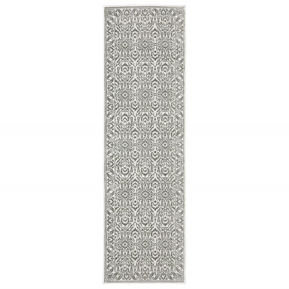 5' X 8' Grey And White Floral Power Loom Stain Resistant Area Rug