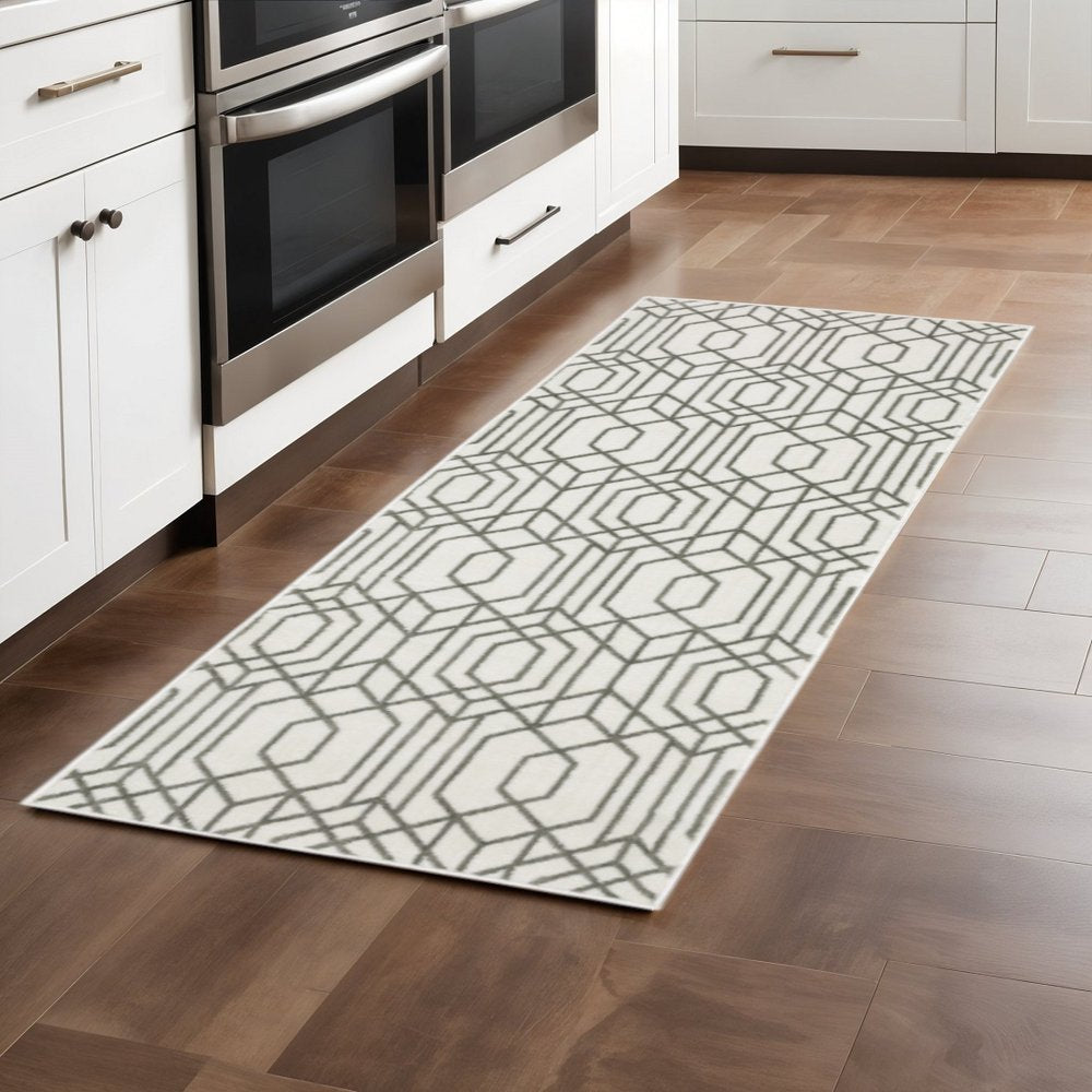 2' X 8' White And Grey Geometric Power Loom Stain Resistant Runner Rug