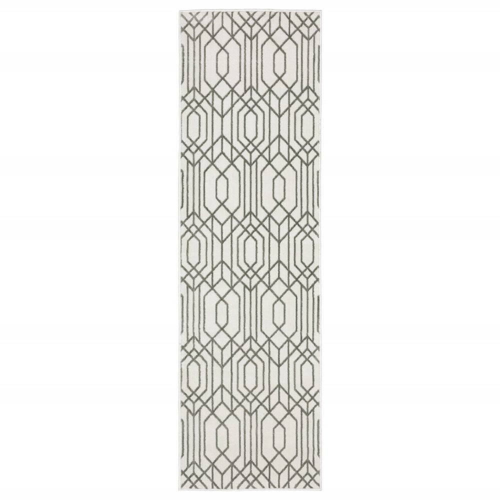 2' X 8' White And Grey Geometric Power Loom Stain Resistant Runner Rug
