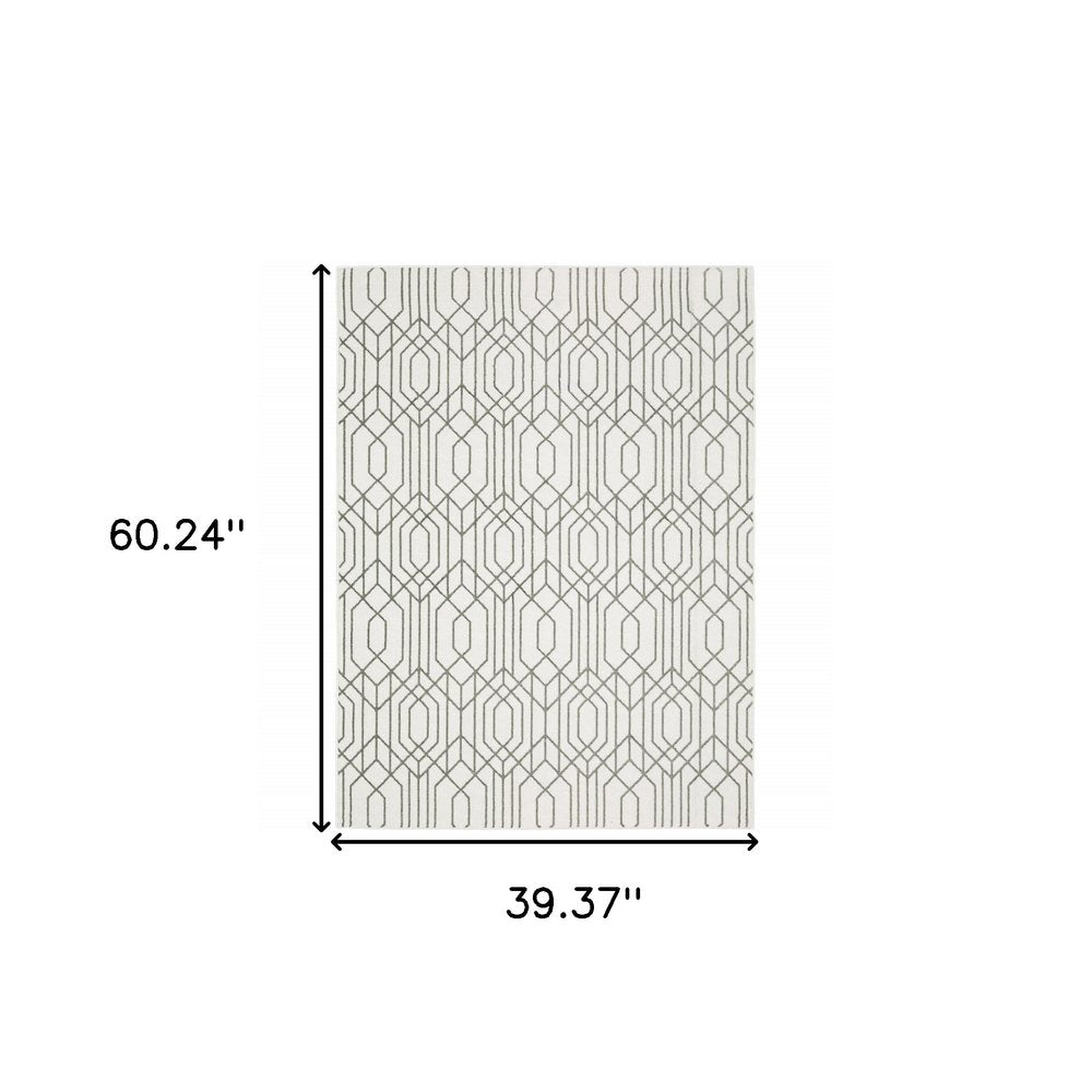 2' X 8' White And Grey Geometric Power Loom Stain Resistant Runner Rug