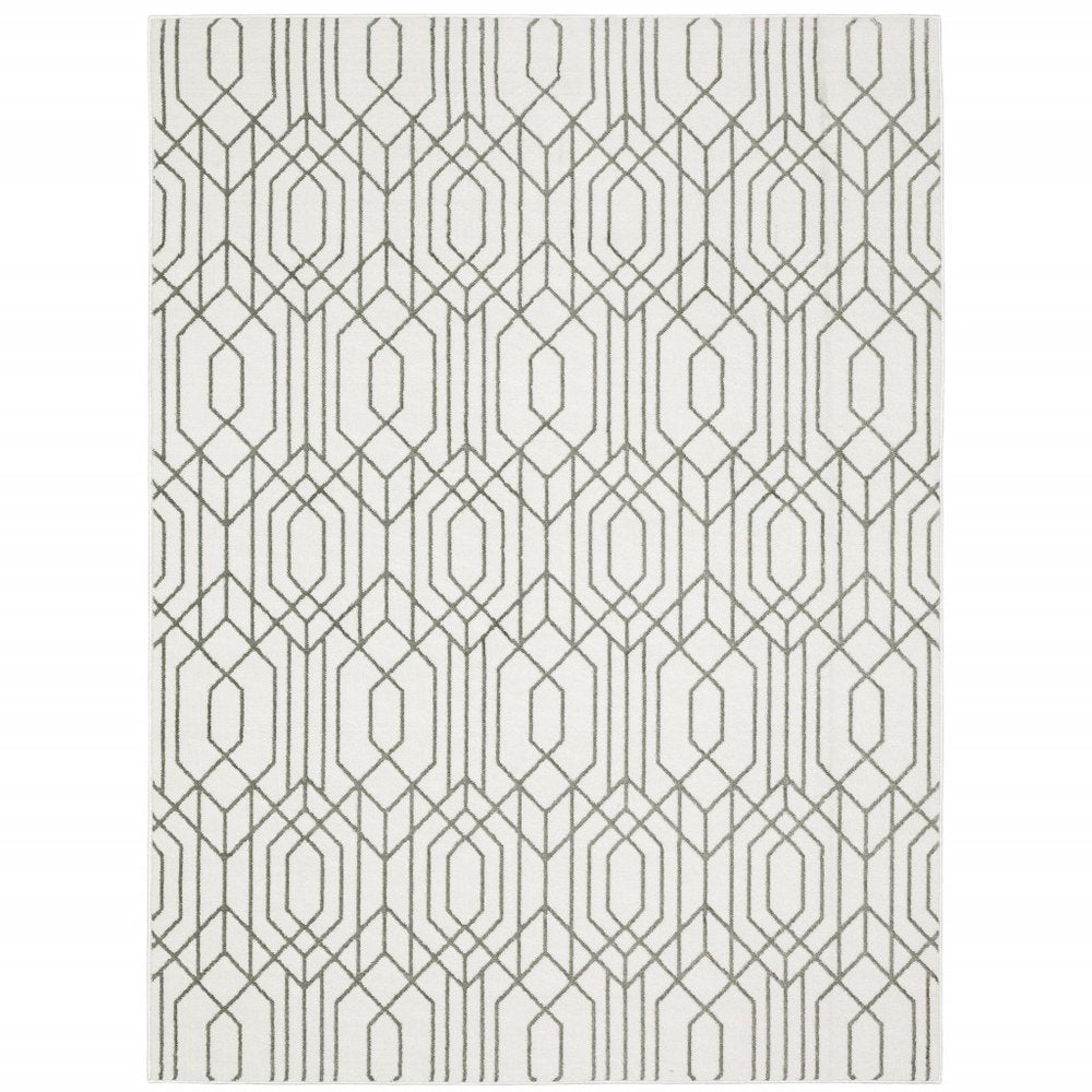 2' X 8' White And Grey Geometric Power Loom Stain Resistant Runner Rug