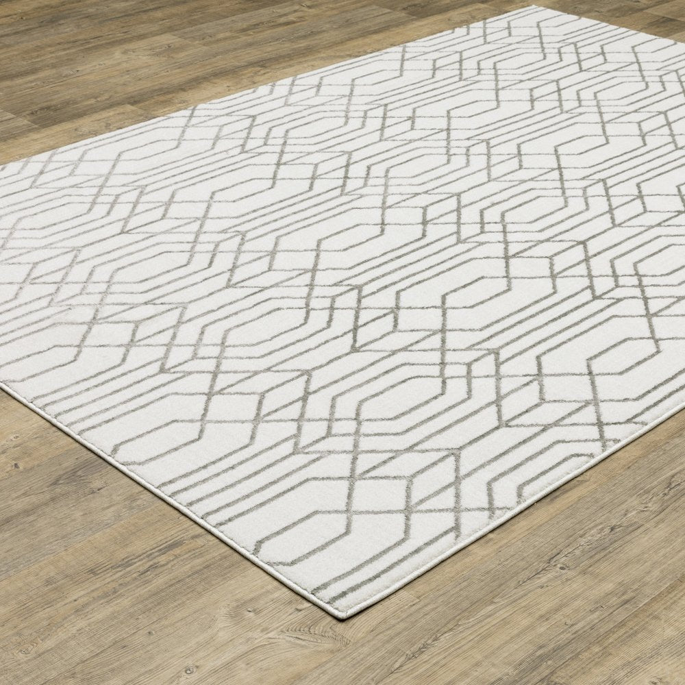 2' X 8' White And Grey Geometric Power Loom Stain Resistant Runner Rug