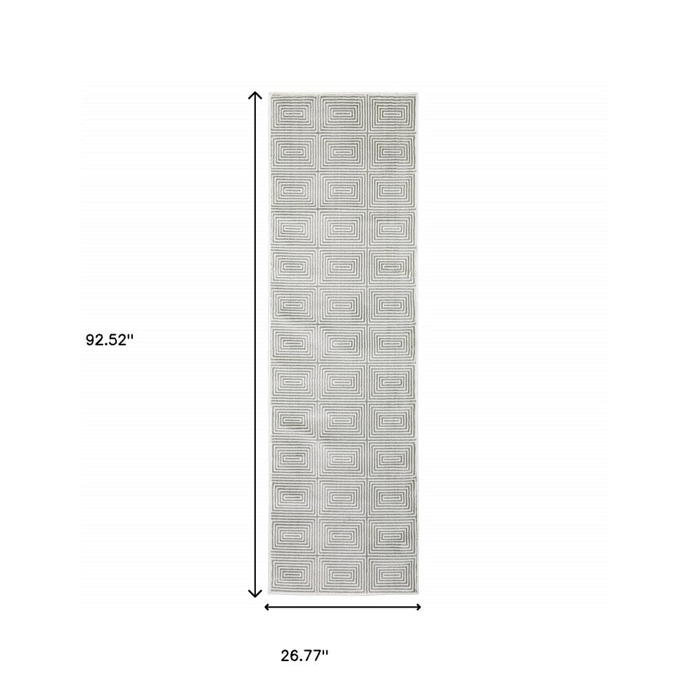 2' X 8' Grey And White Geometric Power Loom Stain Resistant Runner Rug