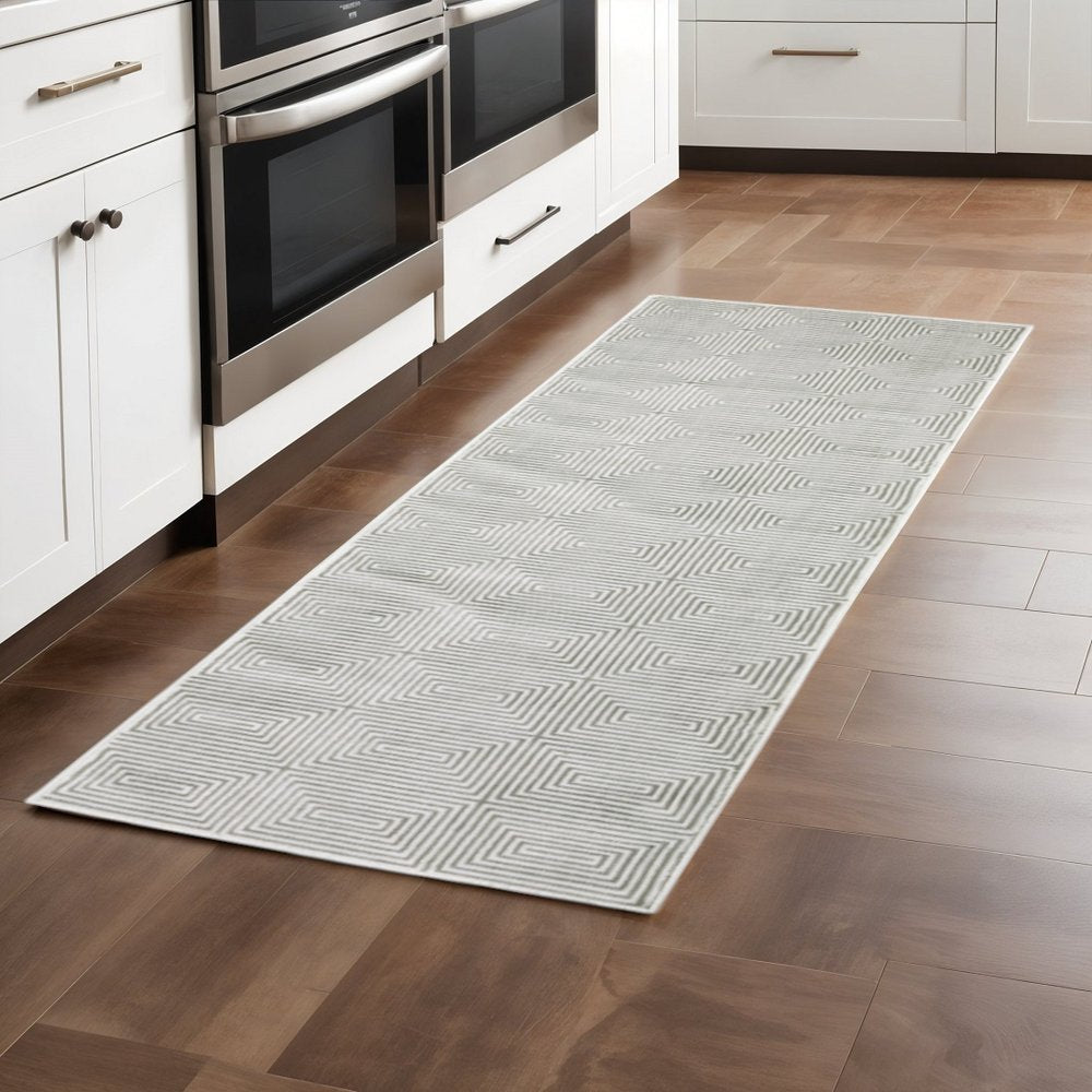 2' X 8' Grey And White Geometric Power Loom Stain Resistant Runner Rug