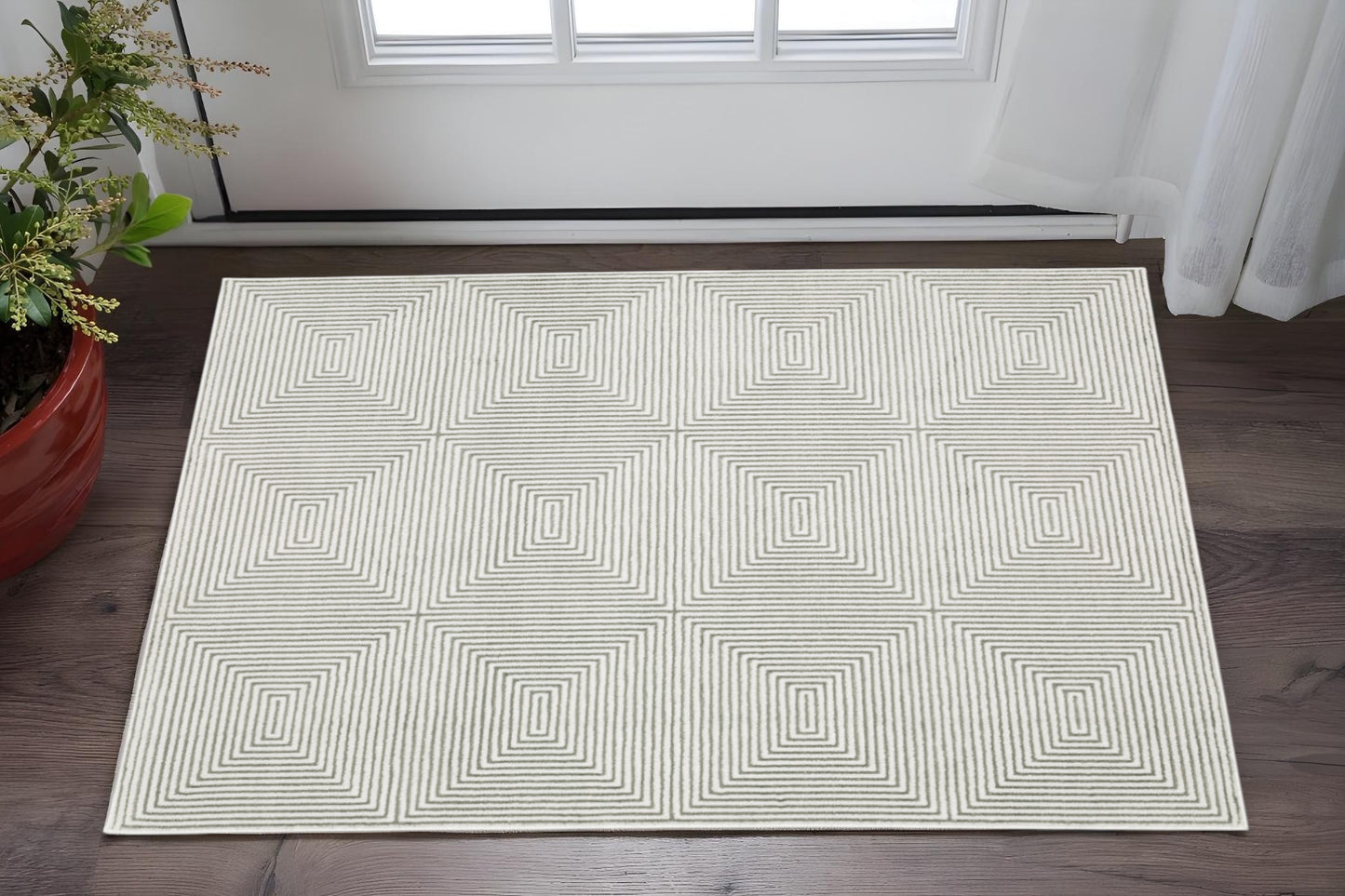 2' X 8' Grey And White Geometric Power Loom Stain Resistant Runner Rug