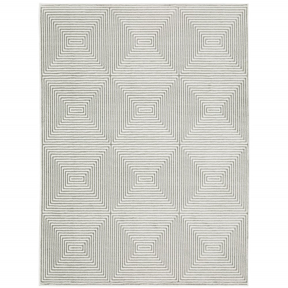 2' X 8' Grey And White Geometric Power Loom Stain Resistant Runner Rug