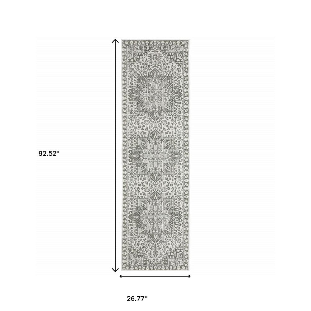 2' X 8' Grey And White Oriental Power Loom Stain Resistant Runner Rug
