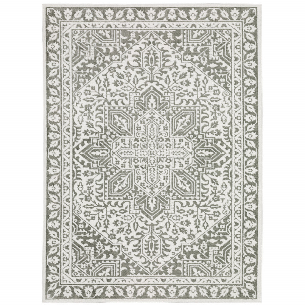 2' X 8' Grey And White Oriental Power Loom Stain Resistant Runner Rug