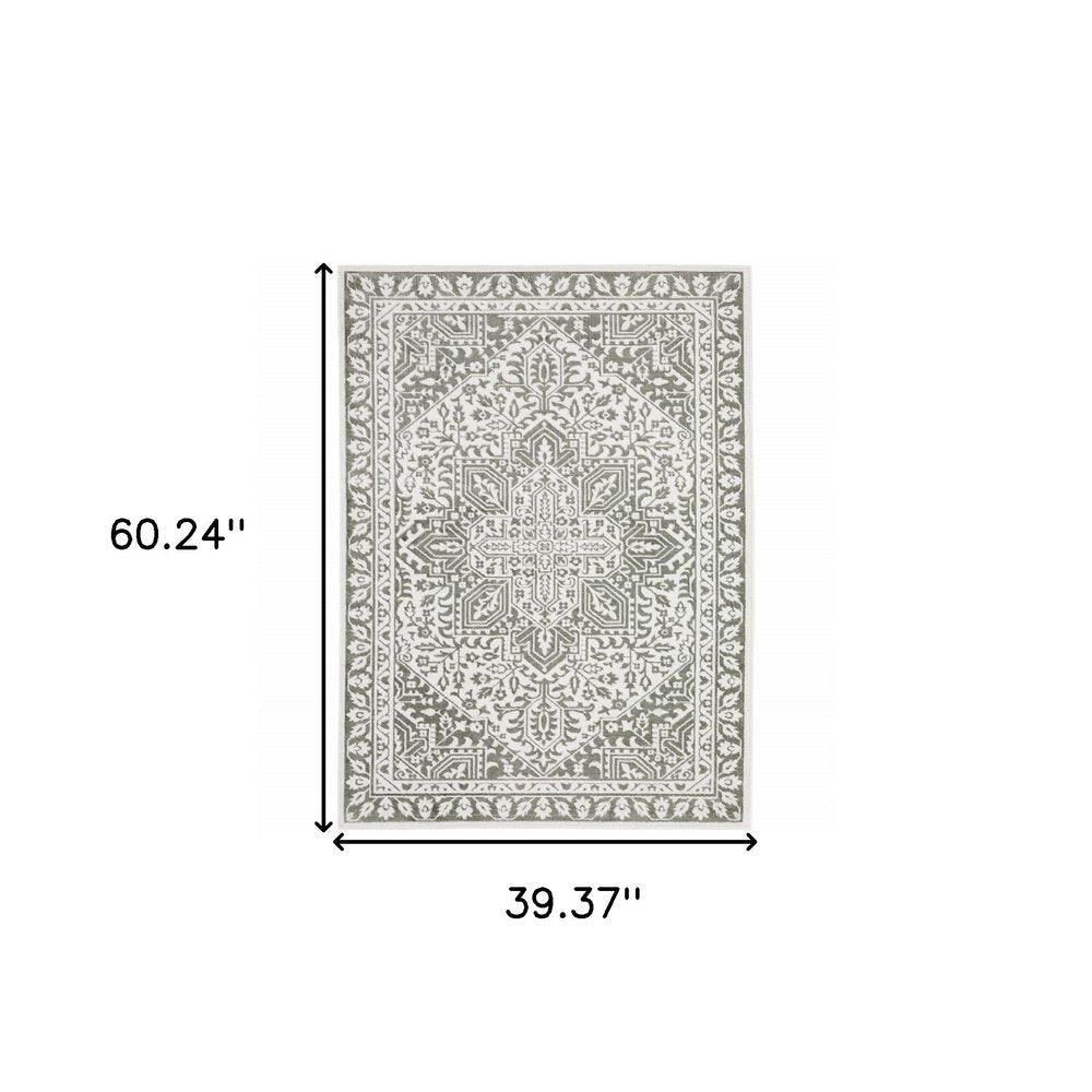 2' X 8' Grey And White Oriental Power Loom Stain Resistant Runner Rug