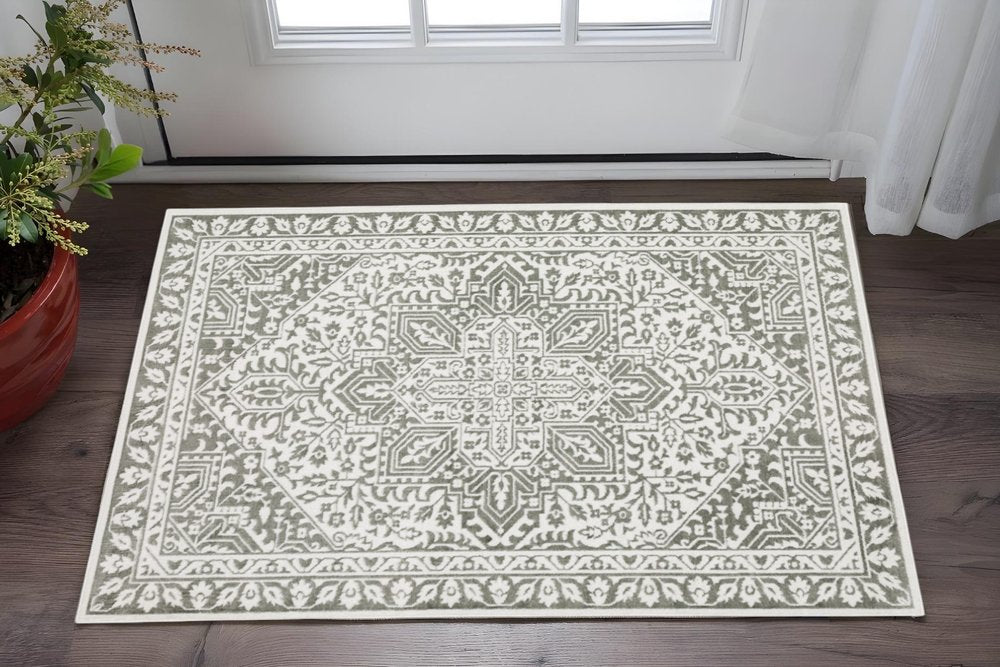 2' X 8' Grey And White Oriental Power Loom Stain Resistant Runner Rug