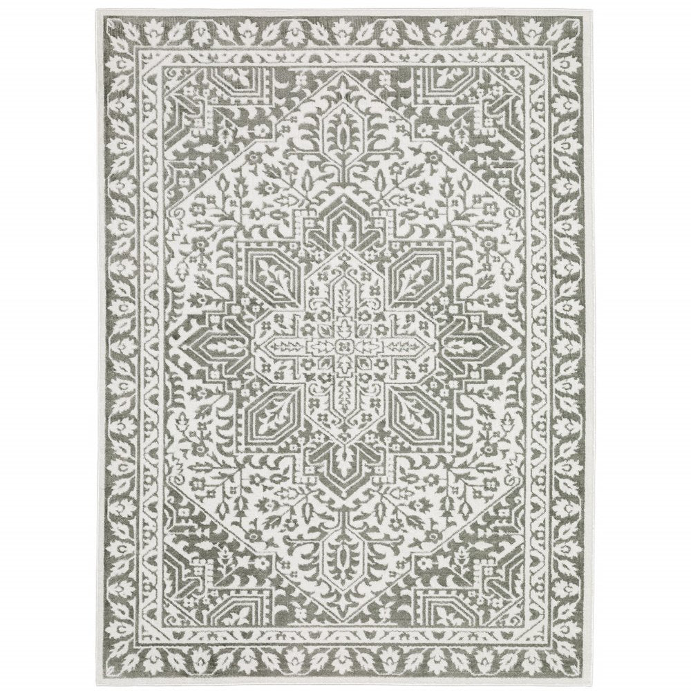 2' X 8' Grey And White Oriental Power Loom Stain Resistant Runner Rug