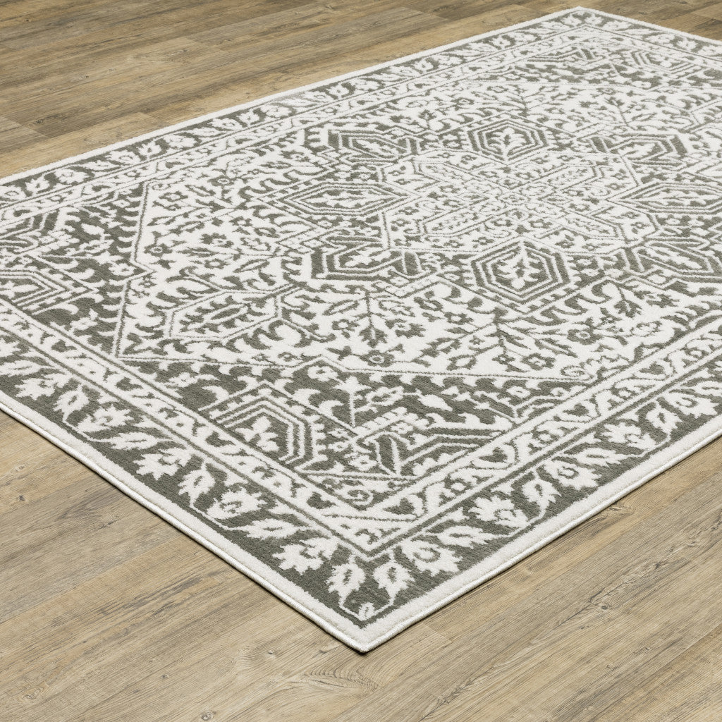 2' X 8' Grey And White Oriental Power Loom Stain Resistant Runner Rug