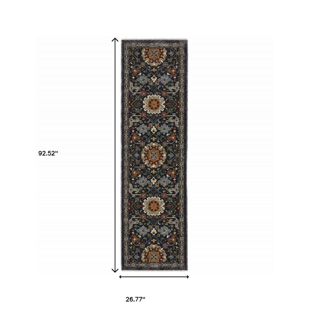 10' X 13' Blue Red Ivory And Gold Oriental Power Loom Stain Resistant Area Rug With Fringe