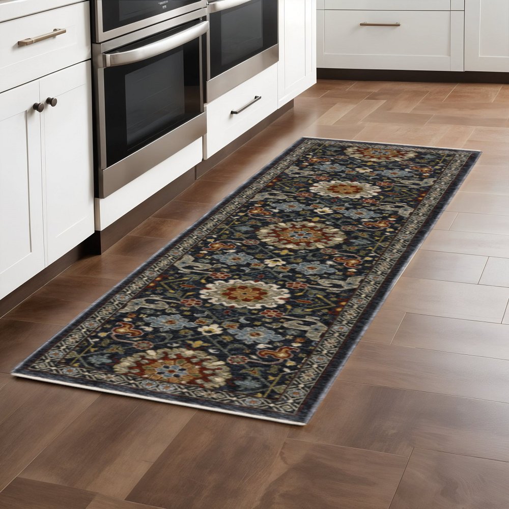 10' X 13' Blue Red Ivory And Gold Oriental Power Loom Stain Resistant Area Rug With Fringe