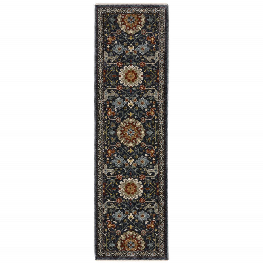 10' X 13' Blue Red Ivory And Gold Oriental Power Loom Stain Resistant Area Rug With Fringe