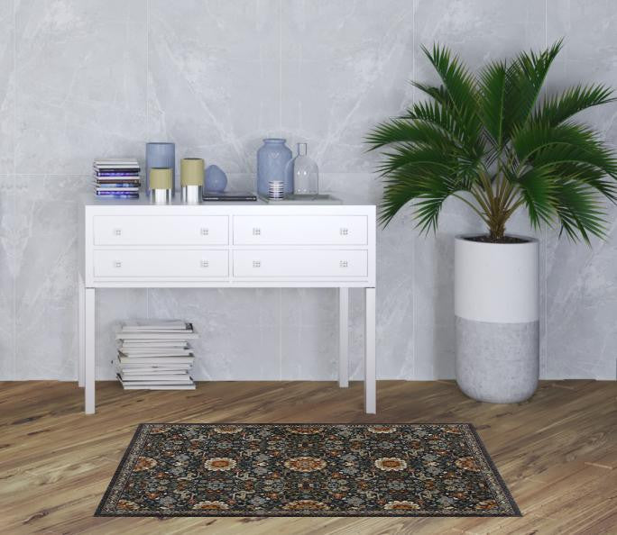 2' X 8' Blue And Ivory Oriental Power Loom Runner Rug With Fringe