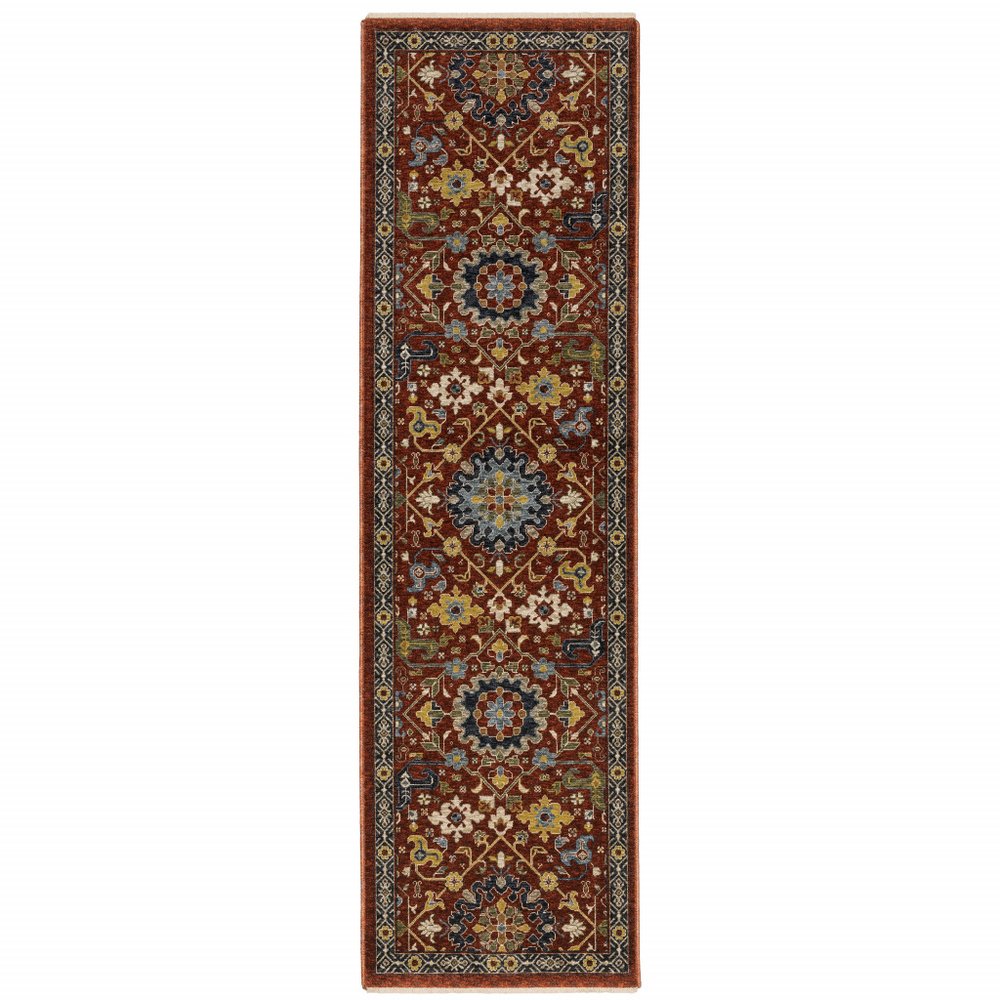 10' X 13' Blue Red Ivory And Gold Oriental Power Loom Stain Resistant Area Rug With Fringe