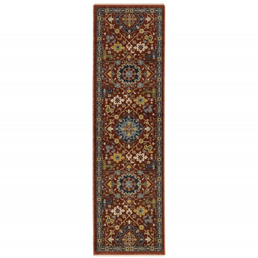 10' X 13' Blue Red Ivory And Gold Oriental Power Loom Stain Resistant Area Rug With Fringe