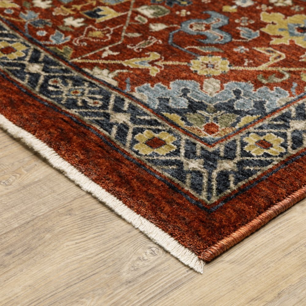 10' X 13' Blue Red Ivory And Gold Oriental Power Loom Stain Resistant Area Rug With Fringe