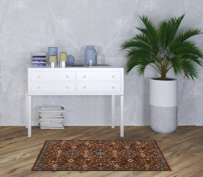 2' X 8' Blue And Ivory Oriental Power Loom Runner Rug With Fringe